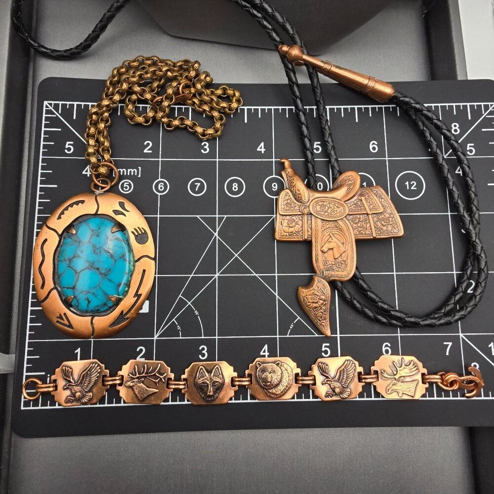 VTG Southwestern Copper & Turquoise Jewelry Equestrian Western Signed Lot of 7 - Picture 11 of 11